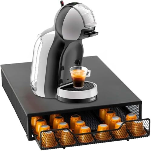 Avilia Portacapsule in Bambù con Cassetto Multifunzionale per Organizzare Capsule, Cialde, Tisane,Zucchero,bicchierini da caffè e piccole brioche (Portacapsule in Metallo)