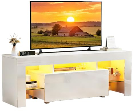 Redd Royal 130cm TV Stand Cabinet White High Gloss with Led Light for 32-65 TV, Modern TV Unit Entertainment Center Cabinet with Large Storage Drawer Glass Shelves for Living Room Bedroom (White)