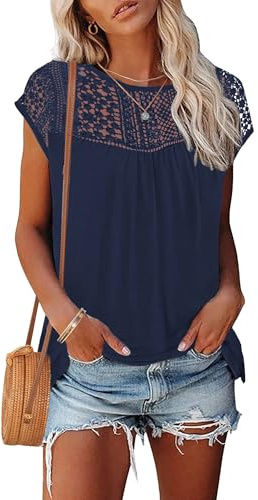 WNEEDU Camisetas Manga Corta Mujer Encaje Blusas Top Verano Elegantes Camisa Casual y VersáTil Azul Marino L