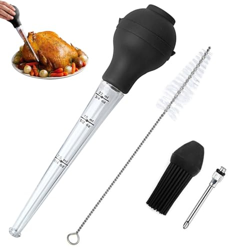 MUNSKT Turkey Baster Set of 4, Commercial Grade Quality FDA Silicone Bulb Including Meat Marinade Injector Needle with Barbecue Basting Brush and Cleaning Brush for Easy Clean Up, Cooking (Black)