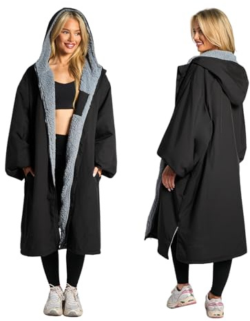 OHS Changing Rain Coat for Adults, Lightweight Breathable Waterproof Jacket for Swimming Surfing Packable Windbreaker Drying Robe with Pockets Active Outdoor Travel Jacket - Black