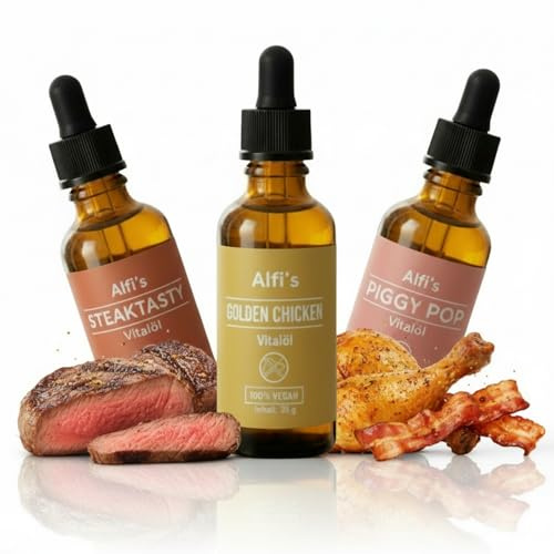 Alfi's Lot de 3 boosters végétaliens avec goût de viande Omega 3 et 6 à base d'onagre, d'olives et d'huile de lin 100 % végétale, riche en nutriments (lot de 3, Steaktasty Golden Chicken Piggy Pop)