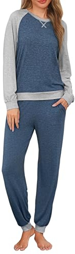 Leversic Pyjama Femme Hiver Coton Vêtements de Nuit Femme 2 Pièces Haut Manche Longue Bas Pyjama Doux et Chaud Bleu Foncé XL