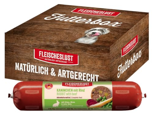 Fleischeslust Salsiccia per cani, coniglio e manzo con pisello, pera e barbabietola, contenitore per alimenti (6 x 800 g), cibo umido, resistente al taglio, senza cereali, mangime completo per cani