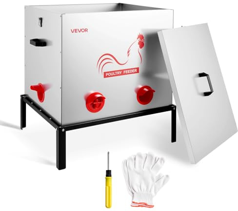 VEVOR Comedero Automático Metálico, Carga de 38,56 kg, 6 Puertos de Alimentación, sin Desperdicio, con Divisor Incorporado, Pestillo y Asa, para Pollos, Gallinas Enanas, Faisanes y Gallineros