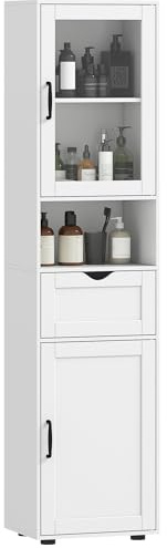 HOMCOM Armario de Baño Alto, Mueble Auxiliar de Baño con Puerta de Vidrio, Estantes Ajustables, Cajón, Estante Abierto, Columna Estrecha para Espacios Pequeños, 40x30x165 cm, Blanco