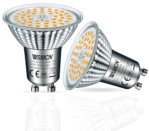 WSMCN Bombillas LED GU10, 10W Equivalente a 140W Halógeno, Blanco Cálido 3000K 1050 Lúmenes, No Regulable, Foco Sin Parpadeo, Ángulo de haz de 120°, Paquete de 2