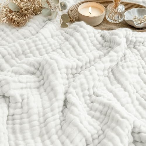 MeYuxg Muslinfilt 150 x 200 cm, muslinfilt för vuxna, 100 % bomullsfilt, muslinfilt för säng & soffa, hela året (vit)