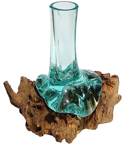 Wogeka Deko Glasvase 20 cm aus Wurzelholz – Handarbeit aus Bali – einzigartige Vase aus Teakholz und Glas – Geschenkidee zu Geburtstag oder Weihnachten – natürliches Unikat für Wohnung & Büro Vase S