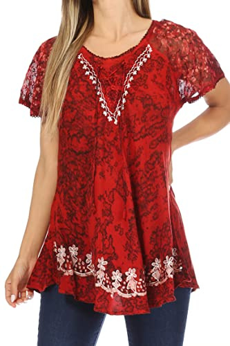 Sakkas 16482 - Blouse à Manches Bouffantes brodées Triedye avec Franges et Broderies - Rouge - OS