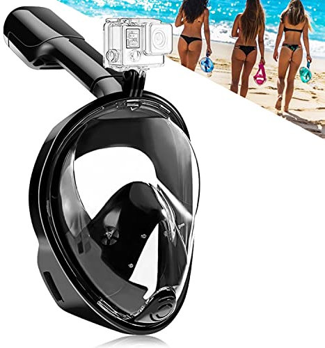 HINATAA Máscara de Buceo, 180°Panorámica Máscara de Snorkel de Cara, Anti-vaho Anti-Fuga,con Tapones con Tapones para los oídos Impermeables,GoPro Mount Easy Breathe para Adultos,Niños (Negro, S/M)