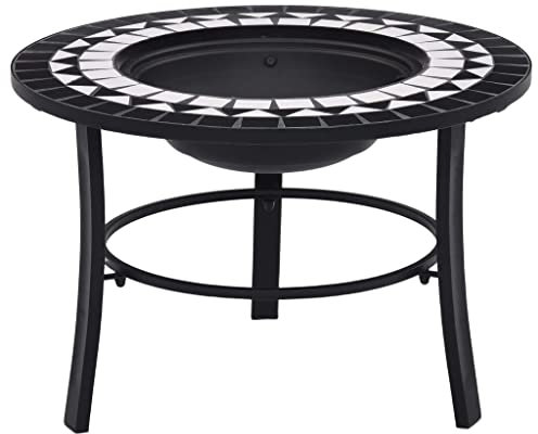vidaXL Braciere con Mosaico Decorativo Robusto a 3 Gambe Stufa per Esterni Tavolo con Barbecue Nero e Bianco 68 cm in Ceramica Telaio in Acciaio