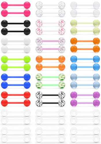 Prjndjw 48Pcs 16mm 14G Glow in Dark Plastic Flexible Acrylic Straight Tongue Nipple Ring Retainer Body Piercing Jewelry for Women Men 16mm Bar 14 Gauge Barbell Tongue Piercings