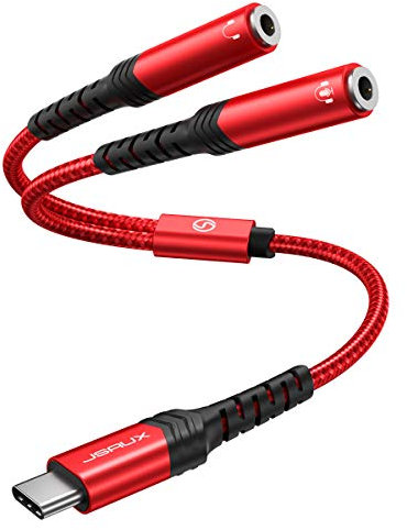 JSAUX Adattatore USB C Jack Splitter, USB Type C a Doppio 3,5 mm Jack Aux per cuffie Y Splitter Mic Adattatore Compatibile Con iPhone 15 Pro Max, Huawei P40, Galaxy S24 S23 S22 Ultra, Pixel-rosso