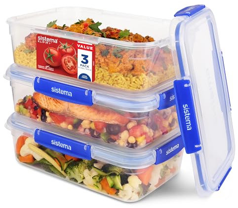 Sistema KLIP IT PLUS Frischhaltedosen Set | 2,2 l | auslaufsichere, stapelbare und luftdichte Vorratsdosen mit Deckel | geeignet für Kühl-/Gefrierschrank | BPA-frei | 3 Stück