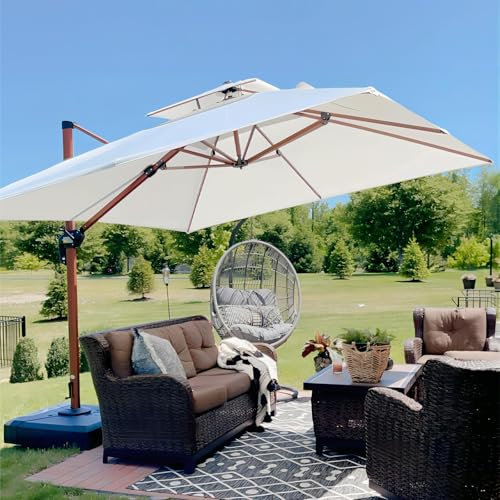 PURPLE LEAF Parasol De Jardin Extérieur, Parasol Déporté Inclinable 3 x 3 m, Grain de Bois en Aluminium, Toit à Double Rotatif 360°, Protection UV Automne, Convient aux Villas Haut de Gamme, Créma