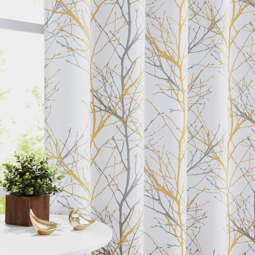 Fmfunctex Yellow Blackout Thermal Eyelet Curtains for Bedroom 52 x 72 Drop | Yellow Grey Tree Branch Pattern Window Curtains for Living Room, Yellow White Modern Print Drapes 2 Panels, Noise Reduction