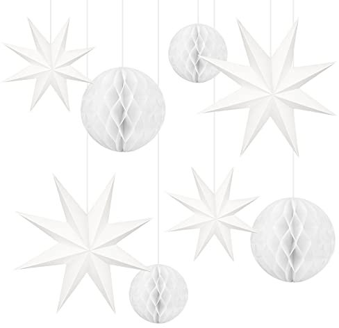 MIAHART 8 Pack Christmas Hanging Star Decoration 4 Pcs 9-Pointed Star Lanterns with 4 Pcs Honeycomb Ball 3D White Hanging Paper for Wedding Birthday Baby Shower Celebration Party Decoration