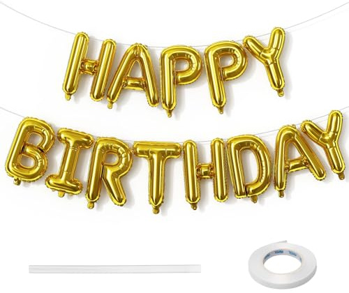 Lingqiang Happy Birthday Banner Balloon, 16 Inch Gold Self Inflating Letter Foil Balloons for Women Men Girls Boys Party Decor Supplies