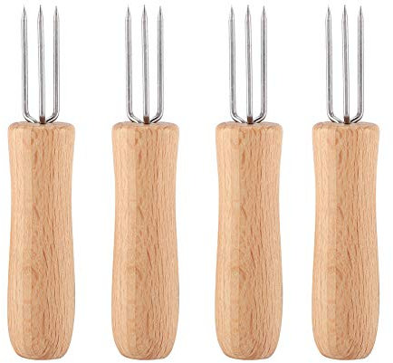 TOPINCN 4Pcs Wooden Handle Orn In The Cob Handlesstainless Steel Pickle Fork Stainless Steel BBQ Meat Fruit Forks Barbecue Corn Holder