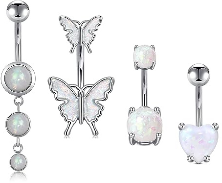 Longita 4 pierzas perforación navel plata acero inoxidable perforación ombligo Long CZ mariposa perforación navel 10 mm Bar length mujeres Men 14g