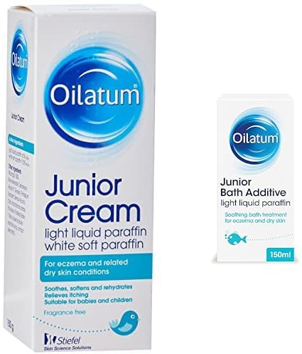 Oilatum Junior Emollient Bath Additive (1x 150g) & Junior Cream (1 x 150g), Eczema & Dry Skin Conditions Soothing and Hydrating Moisturizer for Sensitive, Itchy Skin, Dermatologist Recommended