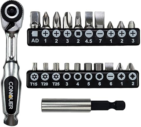 CONQUER 22pc Mini Ratchet Screwdriver Set, 1/4 Right Angle Phillips Kit