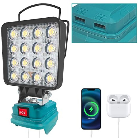 Lámpara con batería para Makita 18 V, 48 W, 4800 lm, lámpara de trabajo inalámbrica, 2 modos, foco LED con 2 carga USB, luz de inundación portátil para obras, camping, emergencias, reparación de