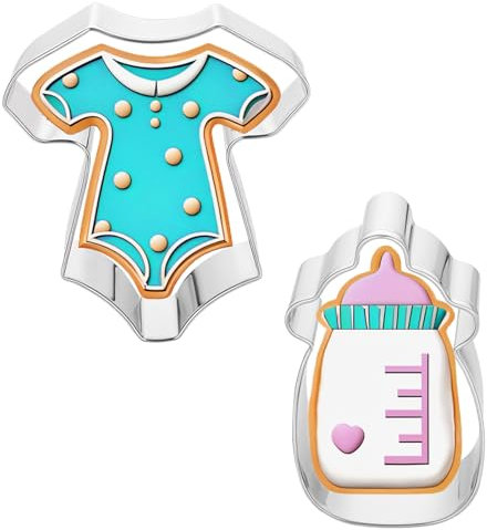 Set di 2 formine per biscotti per baby shower, in acciaio inox, per biberon e body per fondente, per baby shower, feste di compleanno