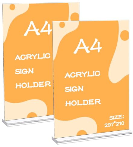 Set di 2 Espositori da Tavolo A4 in Acrilico – Supporto a T Doppio Lato Verticale per Cartellini Prezzi, Opuscoli, Menu e Pubblicità, Espositore Plexiglass A4 (21 x 29,7 cm), Espositore da Tavolo