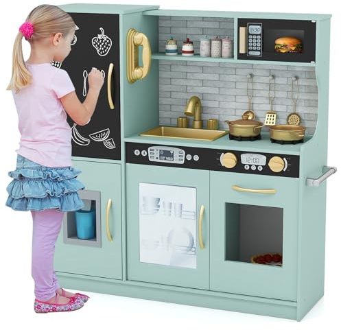 HOMASIS Cuisine de Jeu en Bois avec 10 Accessoires, Cuisine de Jeu avec Tableau évier Four Four Micro-Ondes Machine à glaçons téléphone, Cuisine en Bois avec Son pour Enfants 3 Ans+ (Verte)