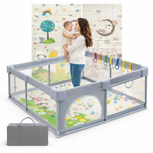 PARVULI Parque Infantil Bebe 120x120cm - Corralito Bebe con 6 agarraderas y Alfombra de Juegos Acolchada - Parque Bebes para Casa Fácil de Montar con Malla Transpirable y Vayas con Protecciones
