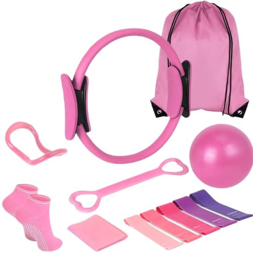 BaiKrafton 13 st pilatesutrustningsset, 13 tum pilatesring med dubbla vadderade handtag, 25 cm pilatesboll, 5 motståndsband och bärväska, pilatesats för kvinnor och nybörjare