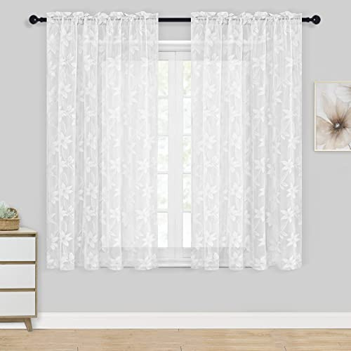 DWCN Tende trasparenti in pizzo floreale bianco, con tasca per asta, tende velate per camera da letto e cucina, 132 x 114 cm di lunghezza, set di 2 pannelli per tende