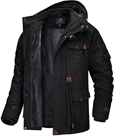 MAGCOMSEN Herren Übergangsjacke Warm Gefüttert Jacke Full Zip Hoodie Herren Freizeitjacke Militär Jacken Winddicht Jacke mit Abnehmbare Kapuze Schwarz M