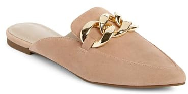 Juliet Holy Womens Mules Flats Pointed Toe Backless Loafers Slip on Metal Chain Slides Light Brown