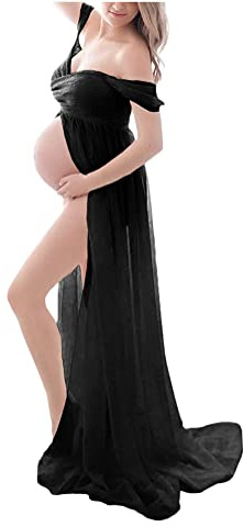 ORANDESIGNE Vestido Embarazada Mujer para Fotografía Falda Larga Maternidad para Fotos Fiesta Regalos de Mamás Verano Vestidos Largos Premamá Ropa de Embarazo Elegante sin Tirantes Chifón C Negro XL