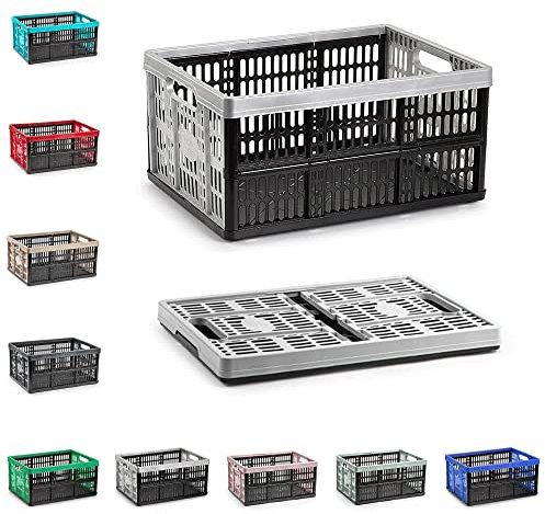 32L Multi-Purpose Strong Folding Collapsible Plastic Storage Boxes Crates Portable Stackable Container Basket for Home Office Garage Tools, Soft-Touch Handles (Black & Silver)