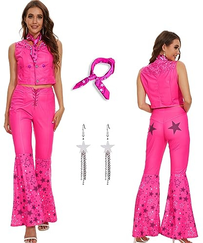 AYYOHON Costume da cowgirl anni '70 e '80 hippie discoteca abiti rosa gilet top svasato pantaloni Halloween Margot Robbie Cosplay per le donne M