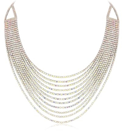 EVER FAITH Flerskiktad tjockt halsband, glitter grå strass vattenfall multistring multisträng halsband uttalande haklapp halsband långt halsband modesmycken