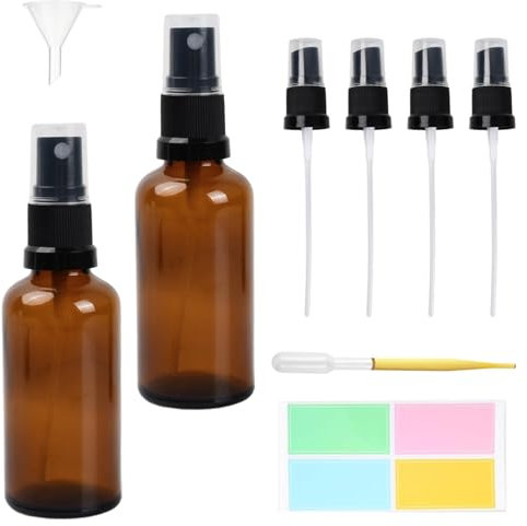 HoaaiGo Flacone spray in vetro marrone, da 100 ml, con nebulizzatore, ricaricabile, da viaggio, con imbuto e adesivo per etichette (50 ml)