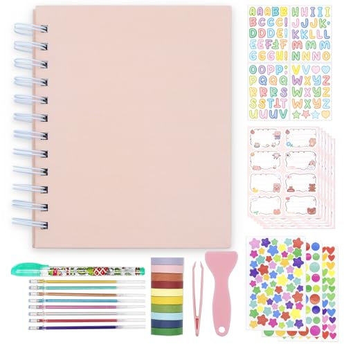 Kids Scrapbook Self Adhesive Photo Album 25 Pages Hard Cover DIY Photo Album for Instant Camera Print Paper with DIY Accessories (Pink)