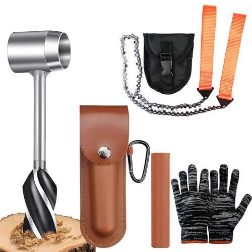 WhaleO Tariere Manuelle Bois avec Étui en Cuir Tarière Manuelle Polyvalente Scie a Main a Chaine et Gants de Travail Outil de Survie pour la Randonnée, le Camping et les Aventures, Bushcraft