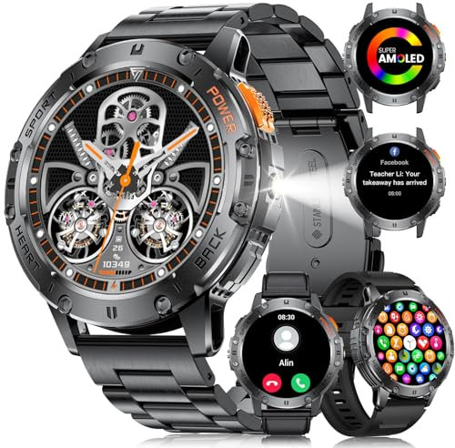 LIGE Military Smart Watch for Men with Flashlight,530mAH Outdoor Sport Fitness Tracker Watch,1.43 HD Smartwatch for Android iOS with Heart Rate Blood Pressure Monitor Black 3 Straps