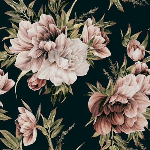 FunStick 44,5 cm × 9 m tapet självhäftande mörka svarta blommor tapet vägg sovrum vardagsrum svart blommig pion bohemisk vinyl väggar mörka blommor dekorativ vinyl för köksmöbler