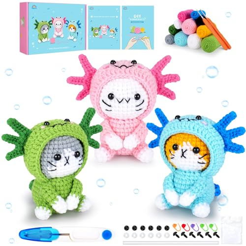 Axolotl Crochet Kit for Beginners with Video, Cat Crochet Kit Cosplay Axolotl Animal Knitting Kit Crocheted Animal Kits Complete Kitten Crochet Starter Animals Cosplay Set Beginners Crocheted Cat Kit