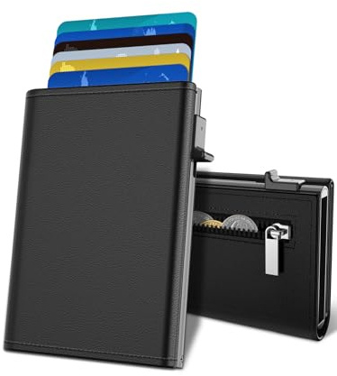 CHJGLNL Kartenetui Herren, Slim Wallet mit Magnetverschluss und Münzfach, RFID Blocking Aluminium Pop Up kreditkartenetui, Wallets for Men, Smart Leder Card Holder für 11 Karten, ID Fenster und Barge