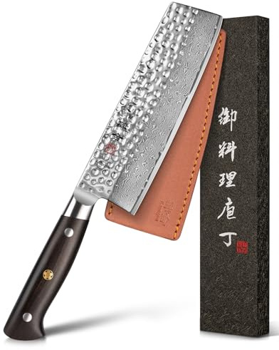 kanngou Coltello Nakiri Giapponese 18 cm Coltello Damasco in Acciaio Damasco 67 Strati Manico in Legno di Ebano Piena Seta, Coltello Verdure con Confezione Regalo Premium
