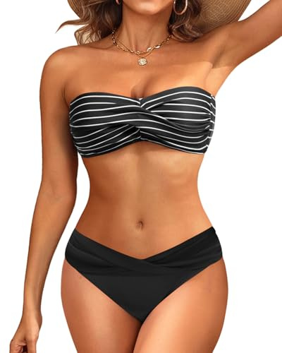 Tempt Me Women's Black Striped Strapless Bandeau Bikini Set - Twist Front Two Piece Swimsuit Tube Top with Side Tie Bathing Suit Bottom M