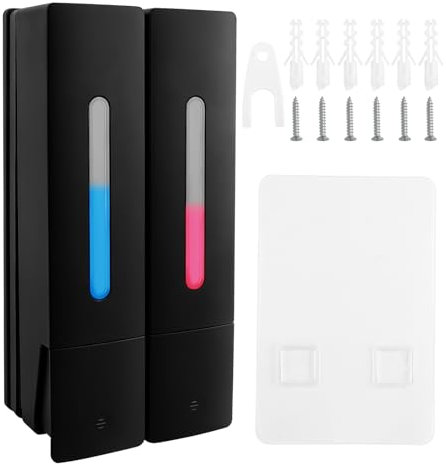 VFANDV Dispensador de Jabón para Pared, 2 x 400 ml Dispensador de Jabón para Montaje en Pared con Ventana Transparente, sin Perforaciones, Salida de Líquido Separada (Negro)